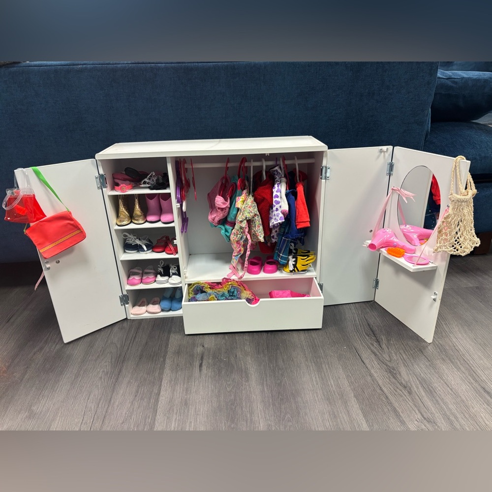 White Doll Wardrobe with Clothes and Accessories